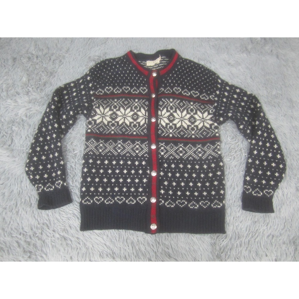 Vintage L.L. Bean Cardigan Sweater Womens Medium Blue Fair Isle Snowflake Wool